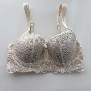 Aerie Real Power Balconette Power Lace Bra 34C Lightly Lined Convertible Ivory